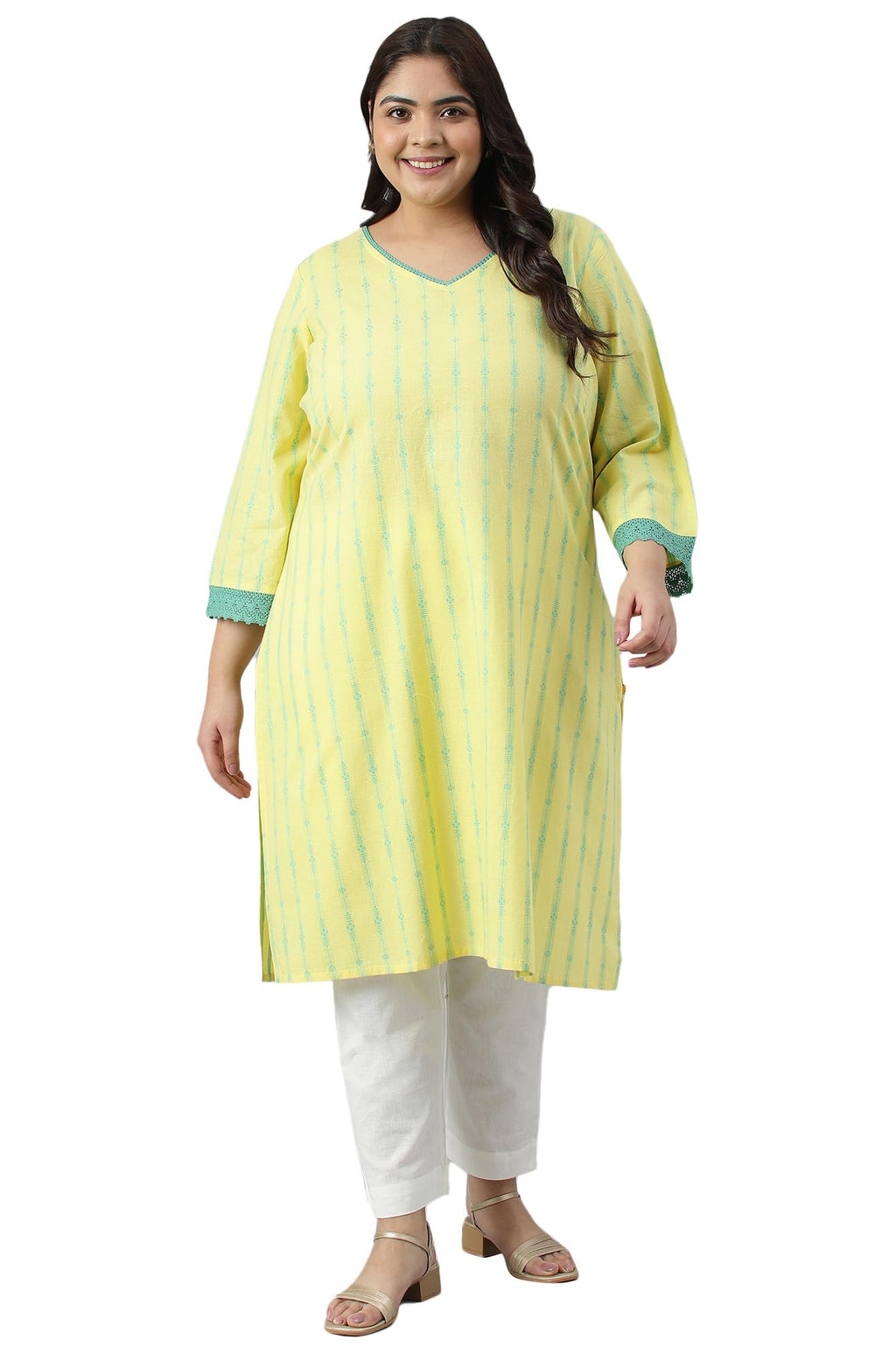 Yellow Cotton Dobby V-Neck Plus Size Kurta