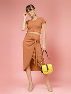 Oomph! Stretchable Lycra Coord Crop Top And Skirt Set For Women, Orange - Coord_Mt978Msk255