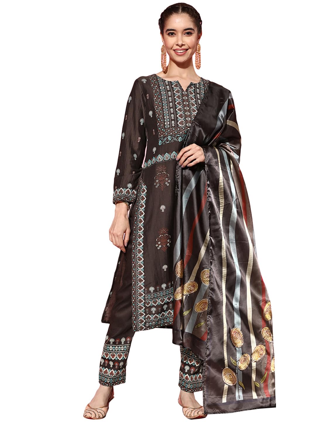 Libas Womens Printed Silk Blend Straight Kurta With Trousers And Dupatta Charcoal