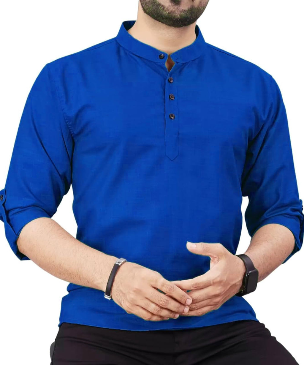 Deemoon MenS Cotton Blend Kurta With Solid Regular Fit Mandarin Collared Neck Full Sleeve And Waist Length | Kurtas For Men | R