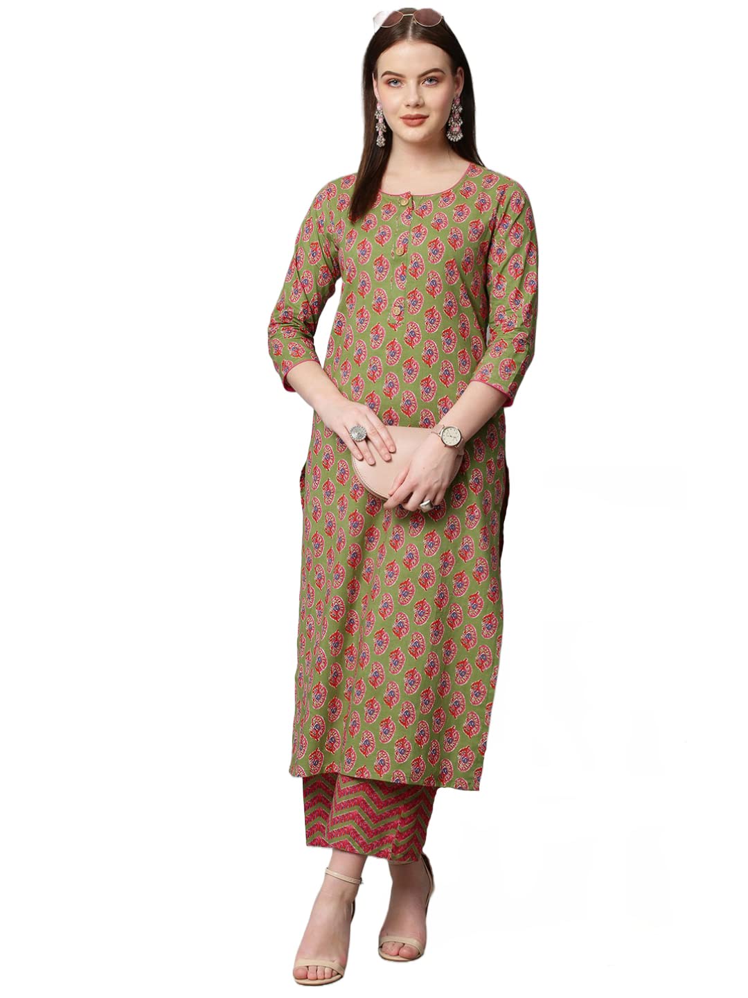 ANNI DESIGNER Womens Cotton Blend Traditional Straight Printed Kurta and Palazzo Set (Bhadra Green_XXL_Green_XX-Large)