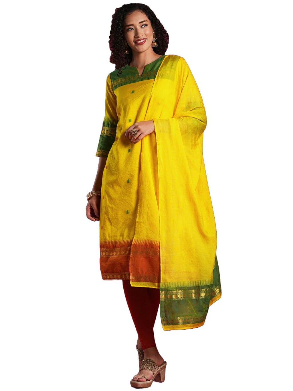 ANNI DESIGNER Women 's viscose rayon printed straight kurta with dupatta, Yellow, 44