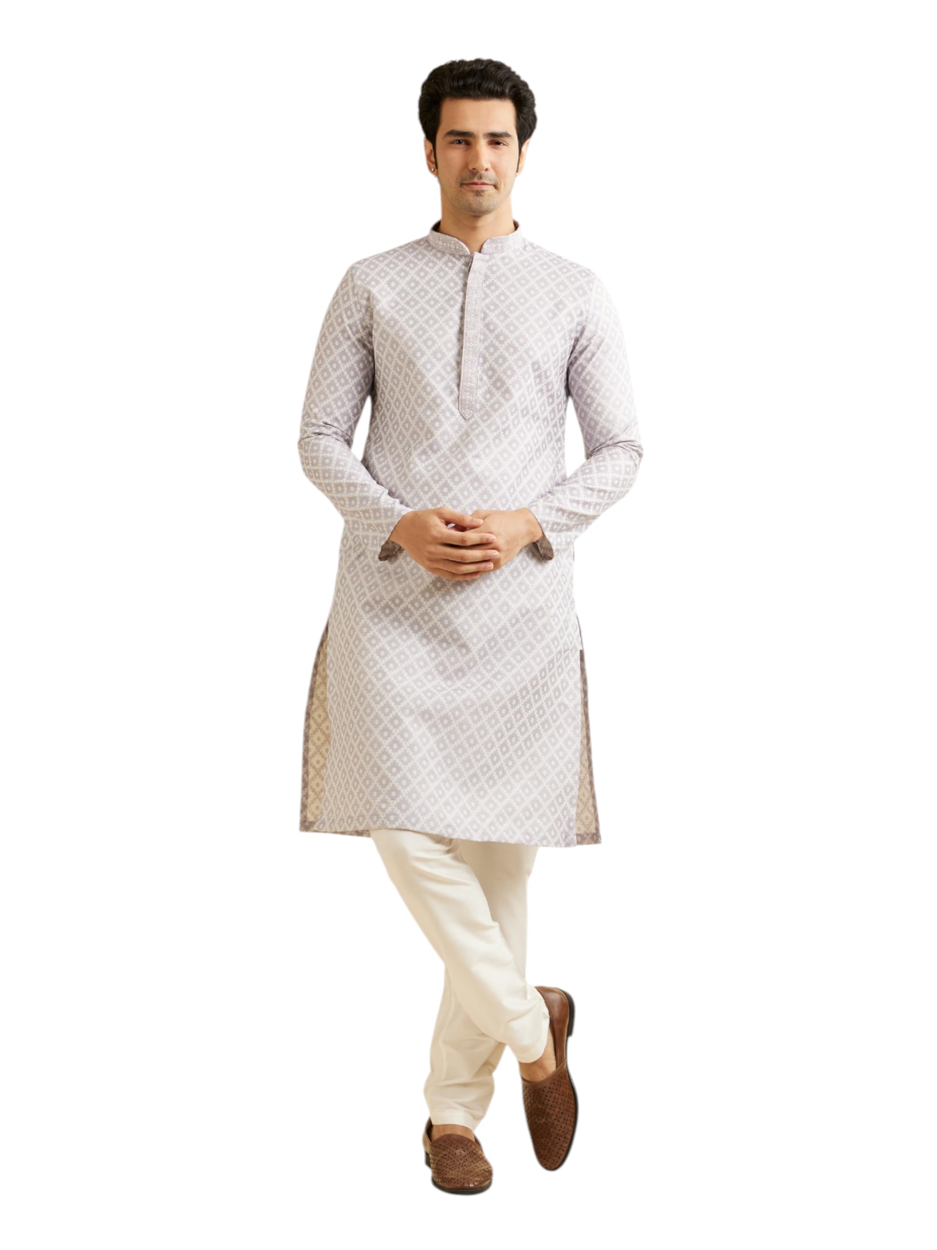 Manyavar Mens Art Silk Grid Patterned Kurta Set (Lilac,M)