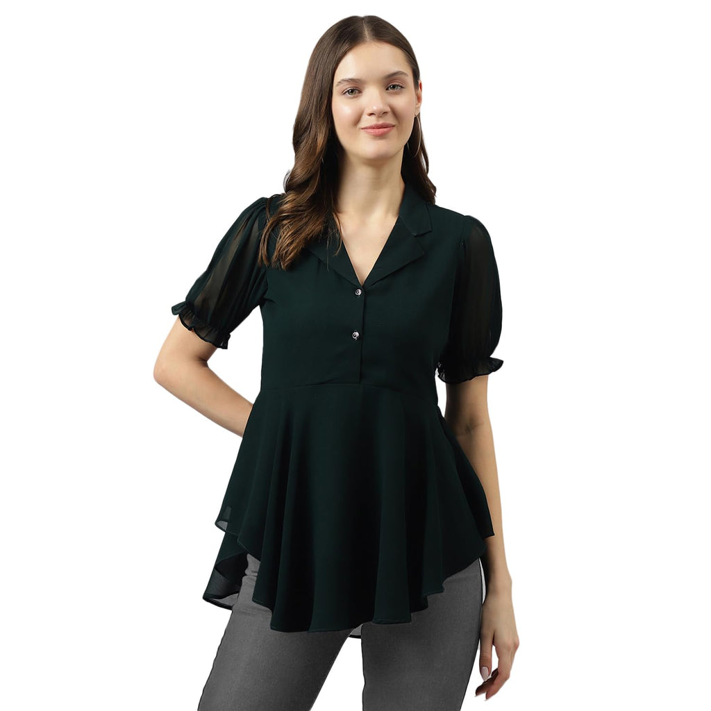 Toochki Womens Bottle Green Georgette Solid Flared Western Top | Winter Top | Western Top | Top for Women | Latest Women Top | 