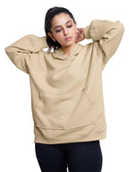 Greciilooks Women Cotton Hooded Neck Solid Regular Fit Hoodie Long Tops Oversized Shirt Beige