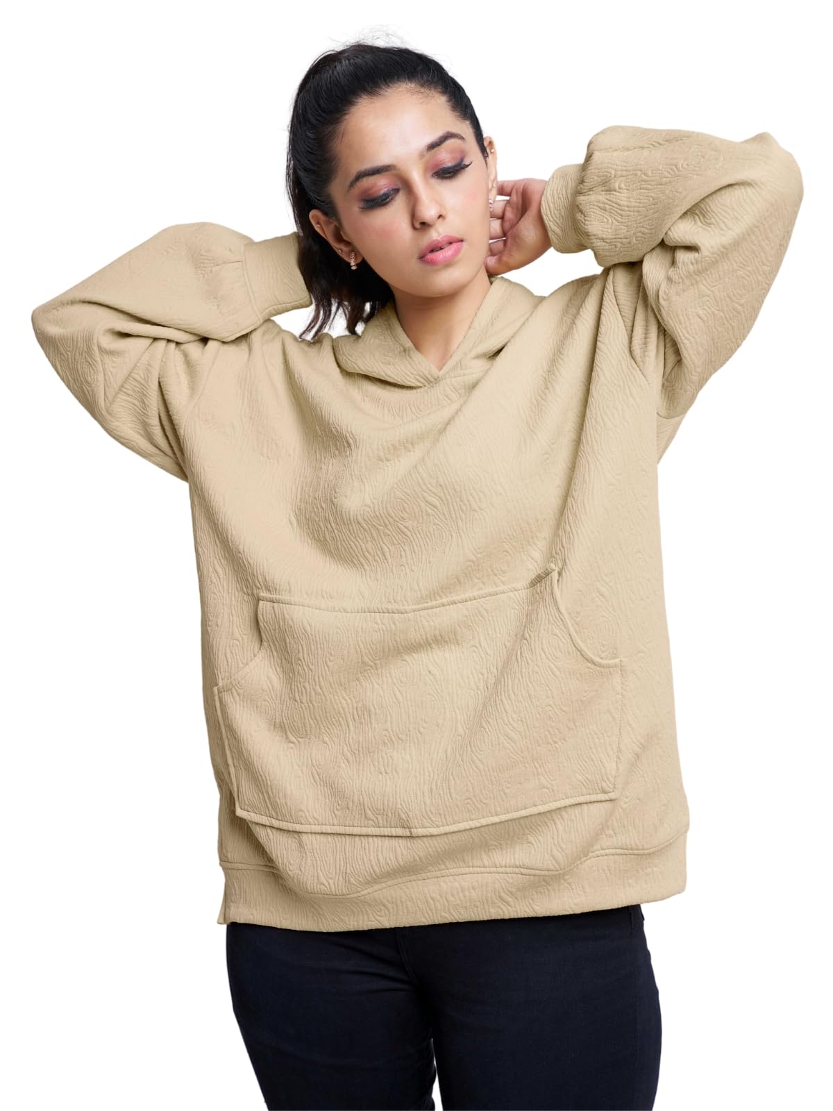 Greciilooks Women Cotton Hooded Neck Solid Regular Fit Hoodie Long Tops Oversized Shirt Beige