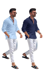 Bellstone Mens Solid Regular Fit Dress Shirt (KURTA1600_Combo_Sky & Navy_M)