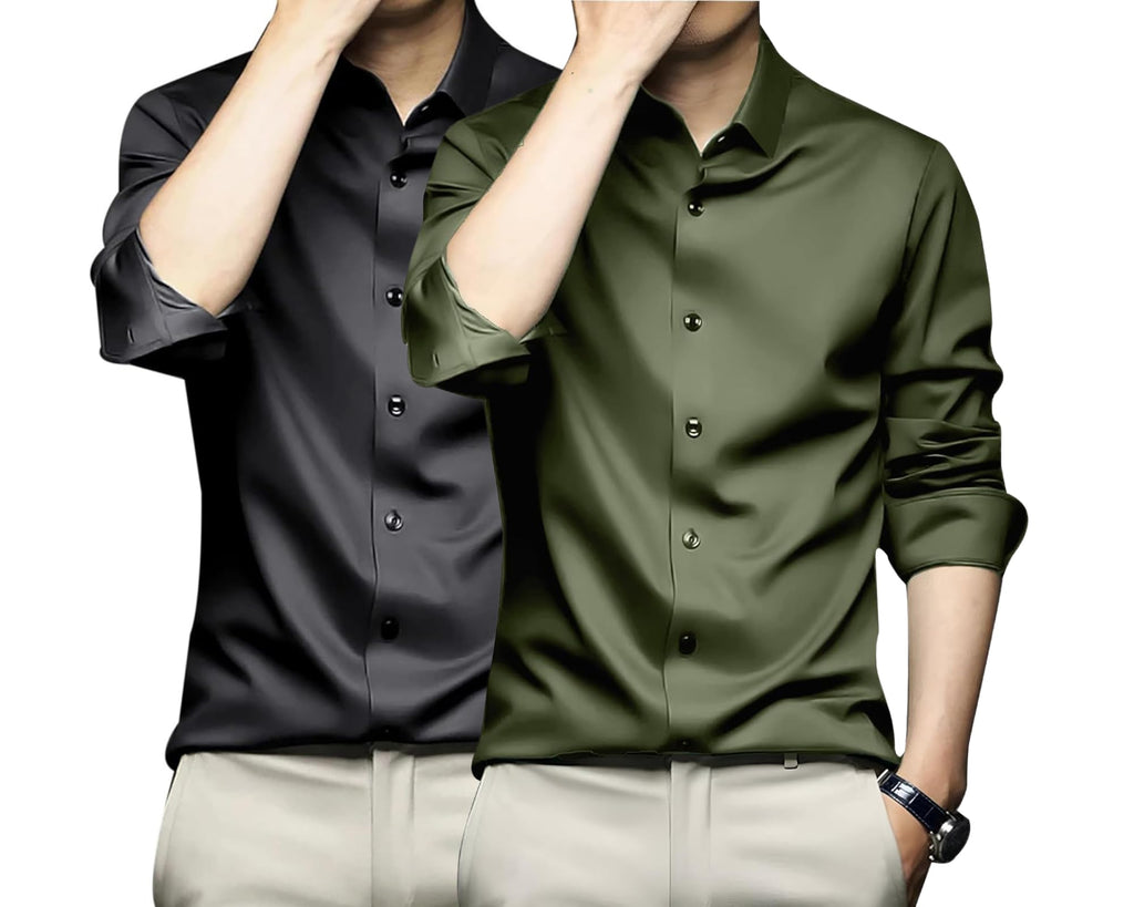 Deelmo Combo Of MenS Stylish Solid Satin Casual Shirt For Men Full Sleeves| Poly Satin Silk Shirt Pack Of 2