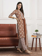 Pinkmint Fancy Kurta Set For Women Cotton Printed Straight Knee Length Formal Suit Set (Pack Of 1)