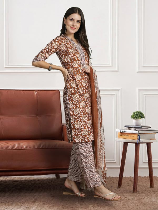 Pinkmint Fancy Kurta Set For Women Cotton Printed Straight Knee Length Formal Suit Set (Pack Of 1)