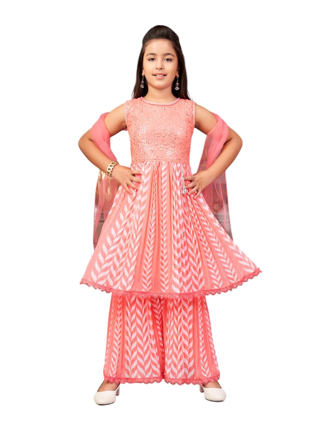 Aarika Girls Ethnic Wear Pink Colour Beads Sequins Embroidery Georgette Kurti Sharara Set (5-16 Years)