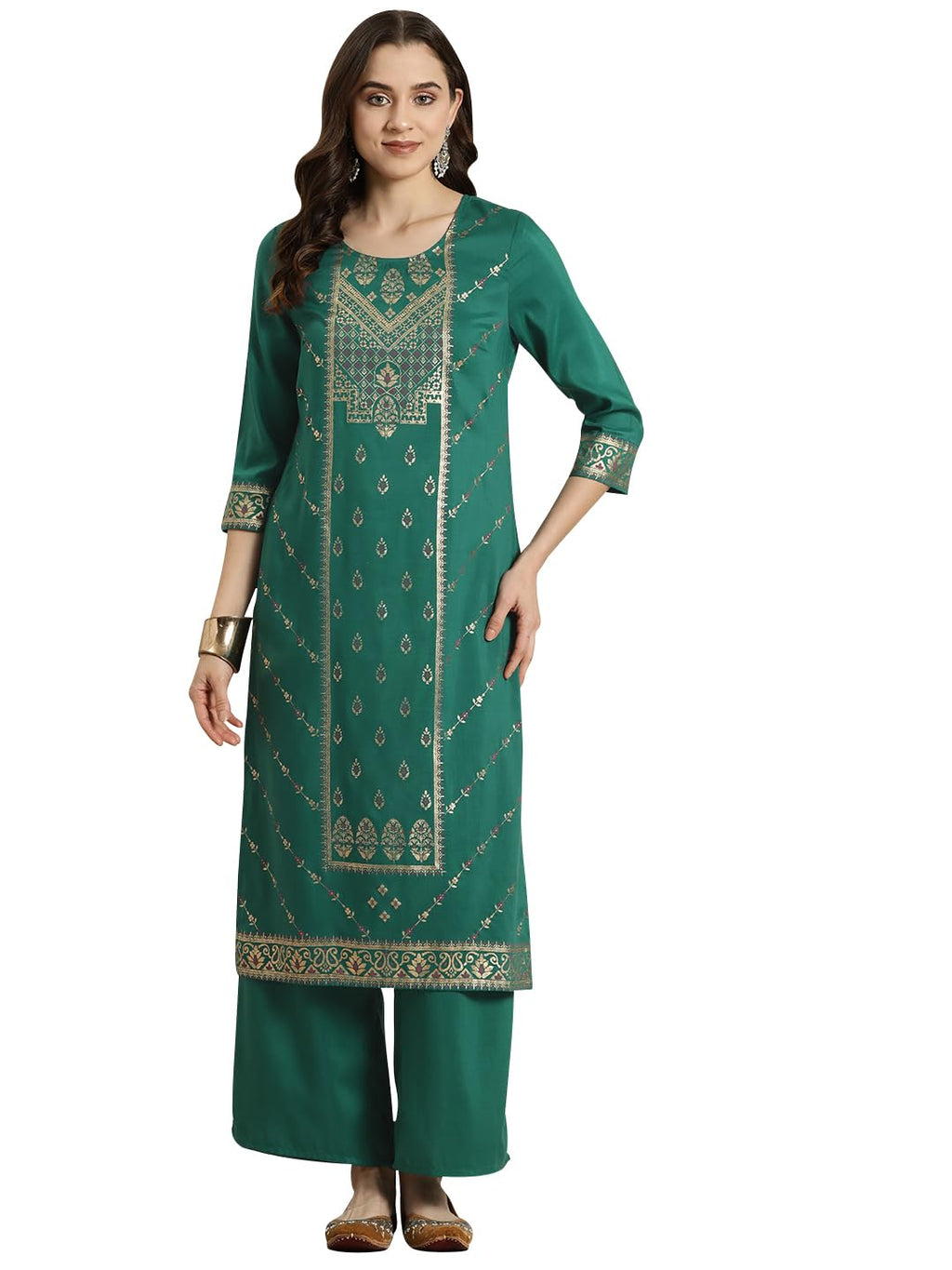 Ziyaa Women'S Art Silk Green Color Chinon Straight Foil Printed Kurta And Palazzo Set (Hnkuch4026Andpl