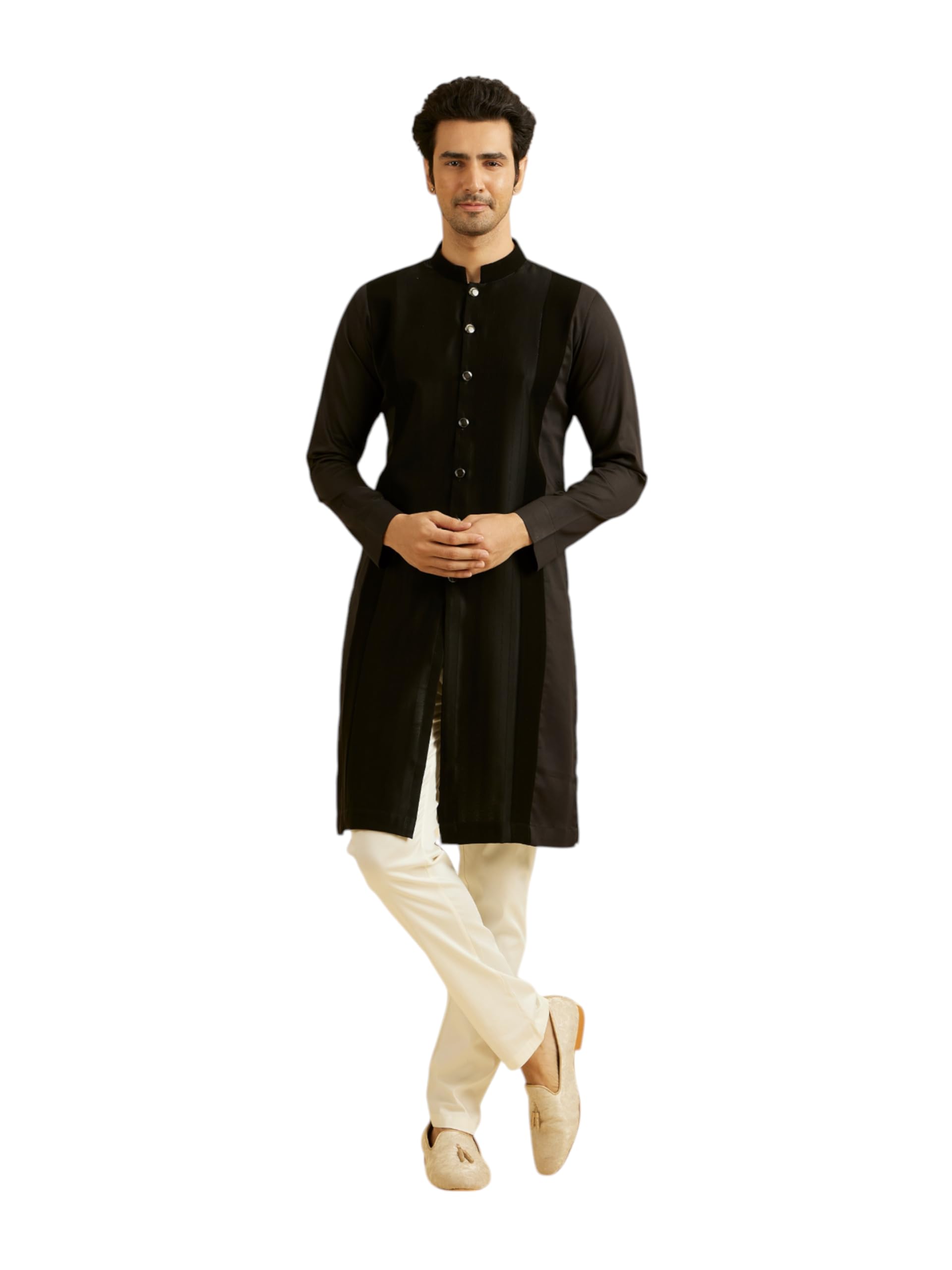 Manyavar Mens Satin Self Design Long Kurta (Black,XL)