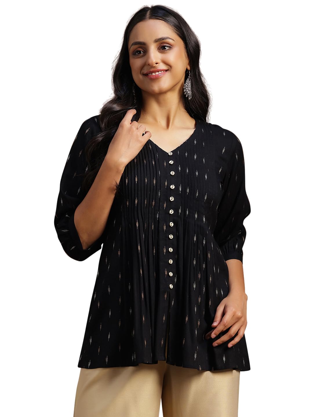 Libas WomenS Woven Design A-Line Kurtis (29133_Black