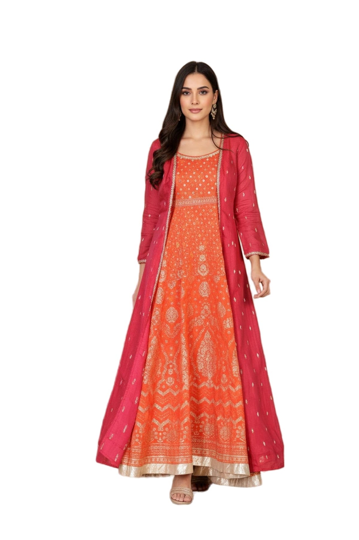 Aurelia Womens Orange Ethnic Motifs Gold Print Anarkali Woven Kurta with Jacket Set (AS16173-509921-S)