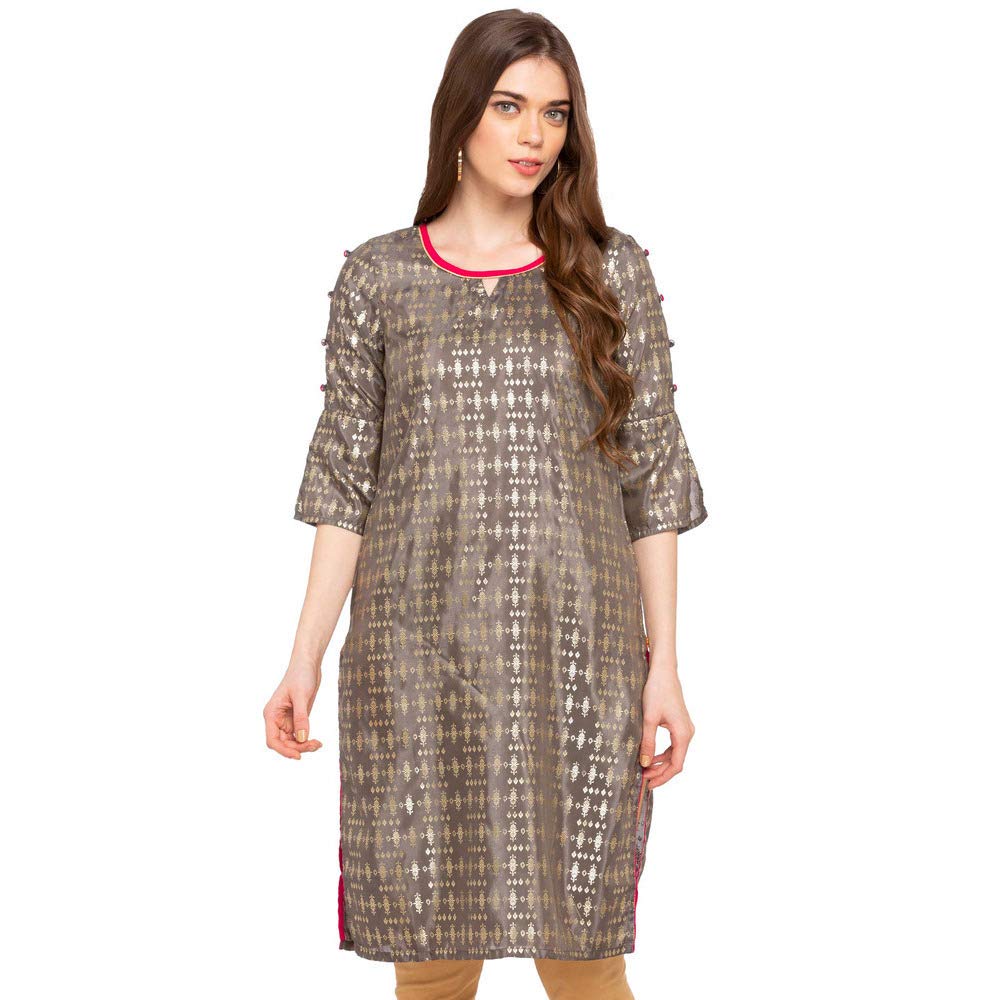 Aurelia WomenS Silk Straight Knee-Long Kurta (19Fea10424-100277_Grey_X-Large)