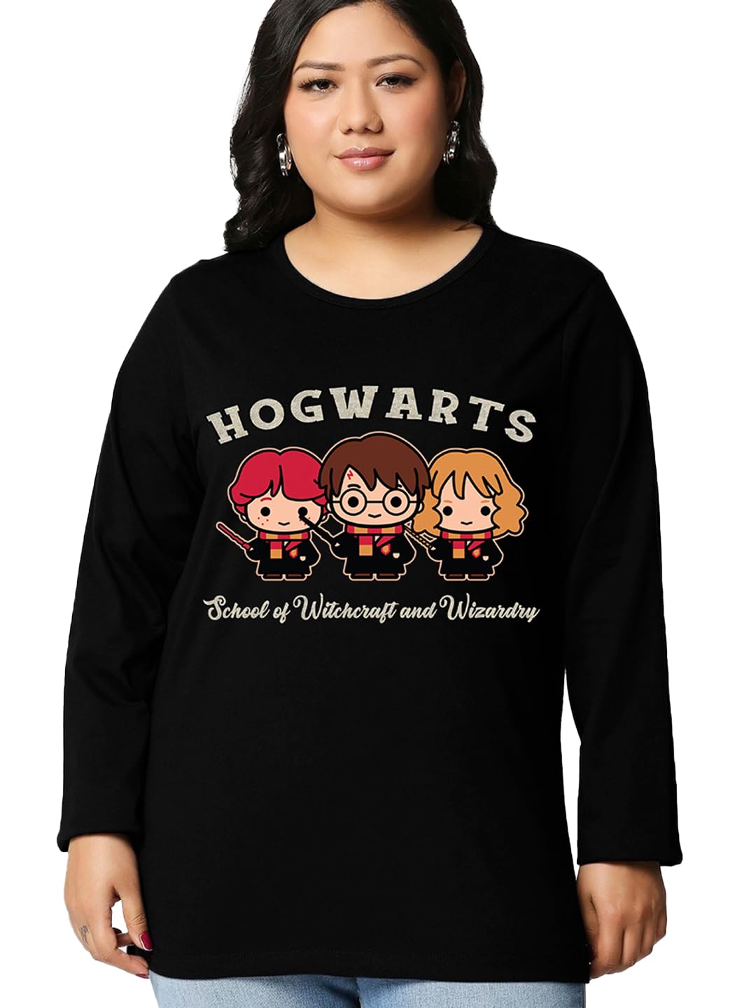 Bewakoof Official Harry Potter Merchandise Hogwarts Womens Graphic Printed Regular Fit Full Sleeve Round Neck Cotton Jersey Plu