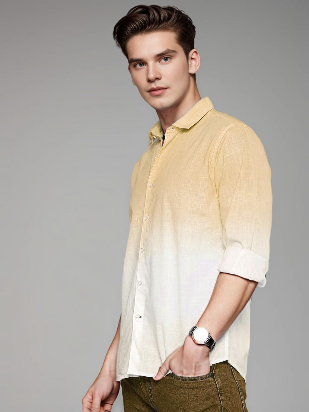 Indoprimo MenS Cotton Shirt With Full Sleeves Spread Collar Classic Style Solid Pattern Regular Fit And Standard Length Yellow