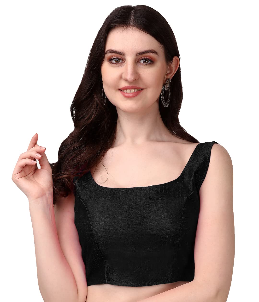 Pujia Mills Womens Deep Neck Silk Sleeveless Readymade Blouse (Sando_Black_38)