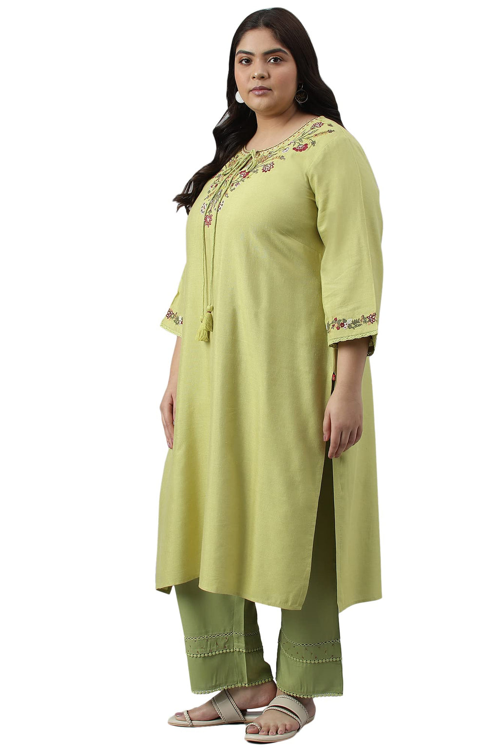 W For Woman Green Fusion Plus Size Embroidered Kurta