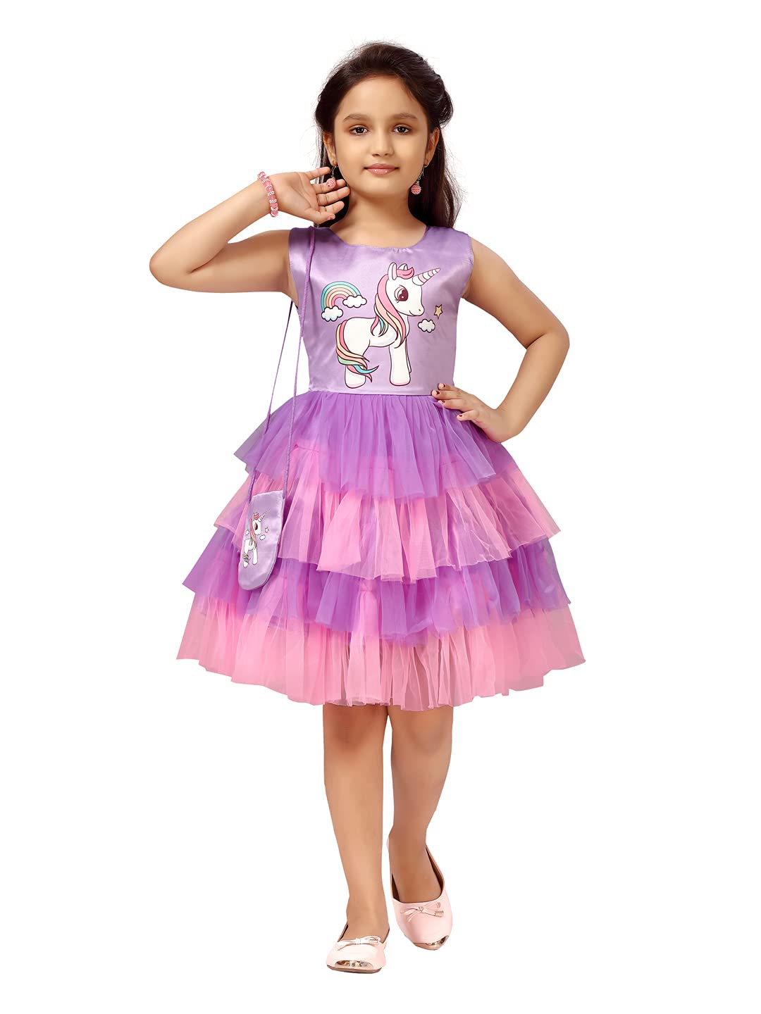 Aarika GirlS Net Fit And Flare Knee-Length Dress (Fk-1620_Purple-Pink_20)