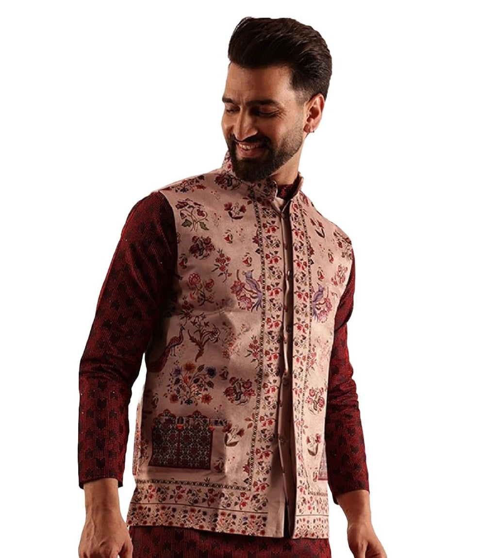 SOJANYA (Since 1958 Mens Velvet Maroon Nehru Jacket With Paisley Print