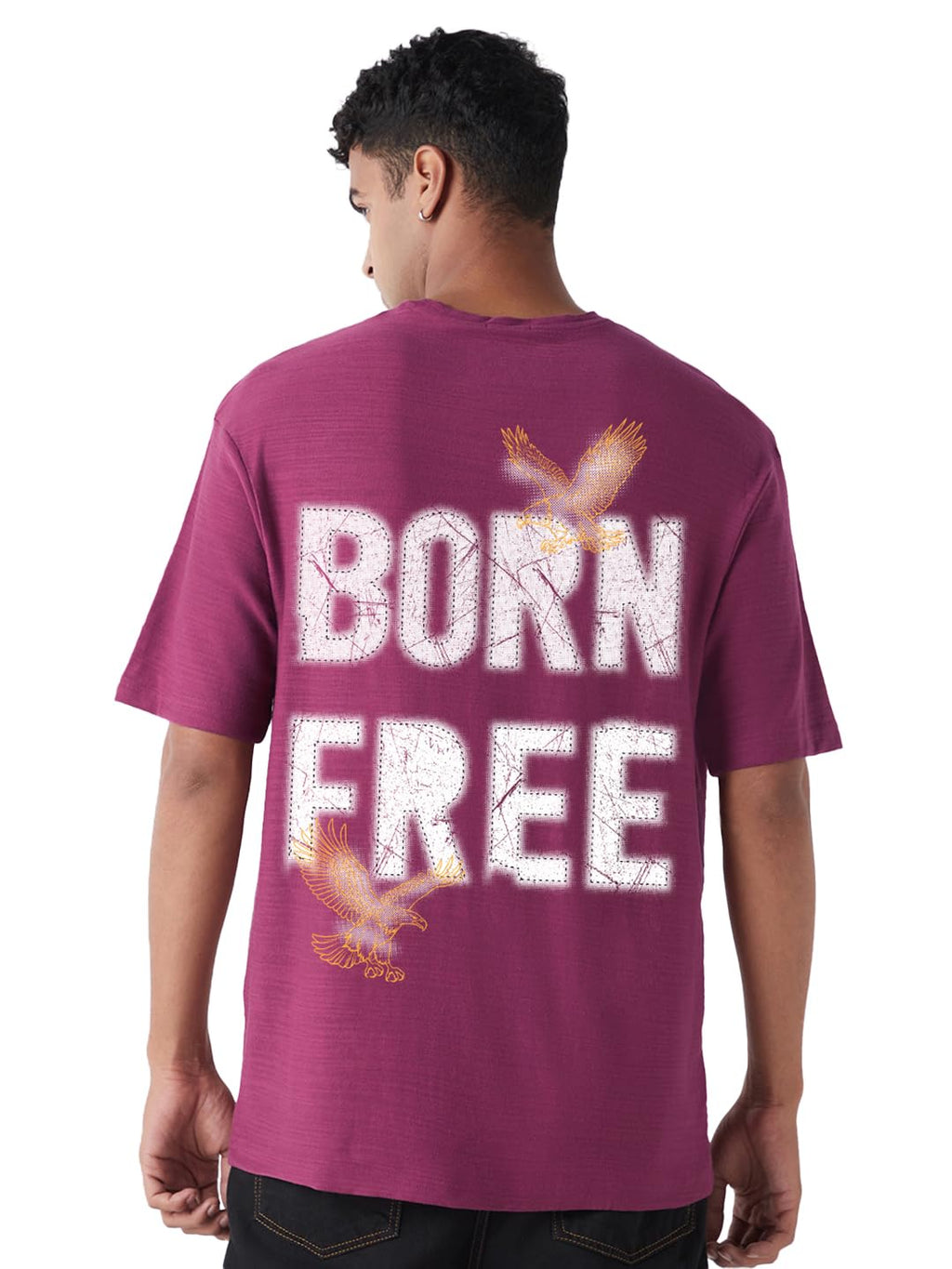 Bewakoof Air 1.0 Mens Graphic Print Oversized Fit Half Sleeve Round Neck Cotton Slub T-Shirt_677477_Purple_XL