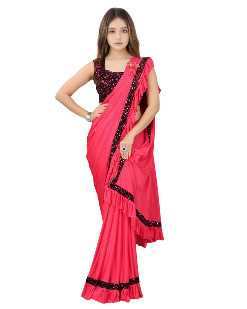 Dhyey Fashion Baby Girls Lycra Blend Saree With Unstitched Blouse  Elegant & Comfortable Saree For Baby Girls,Soft And Stretchy 