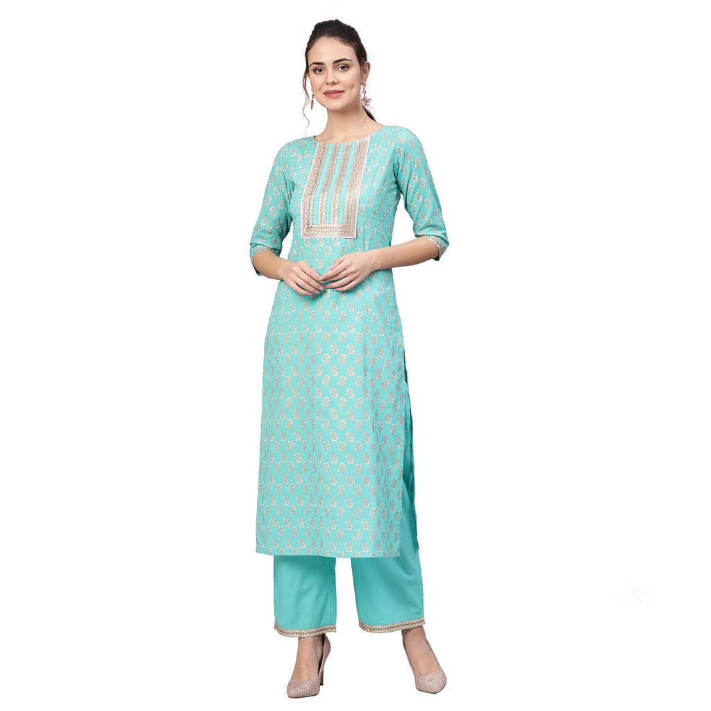 Idalia Rama Green Gold Print Kurta With Palazzo Pants