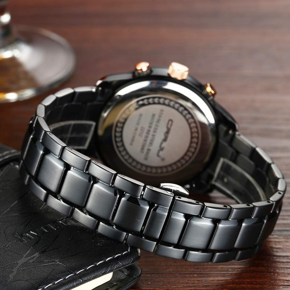 CRRJU Men's Watches Business Stainless Steel Wristwatches Men Black Strap Sport Fashion Quartz Analog Watches Waterproof Chronog