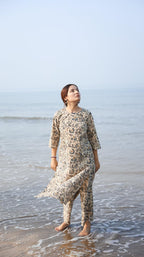 ANNI DESIGNER Ladies Rayon Printed Kurta with Trousers, cream, XL