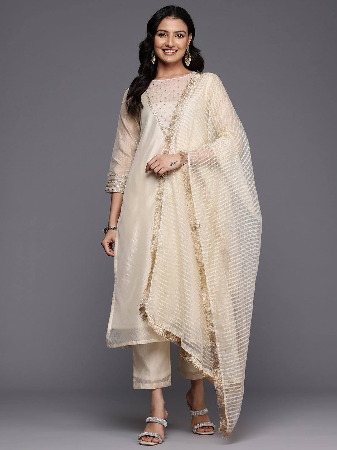 Varanga Women Zari Embroidered And Sequence Embellished With Organza Detailed Kurta With Bottom And Dupatta