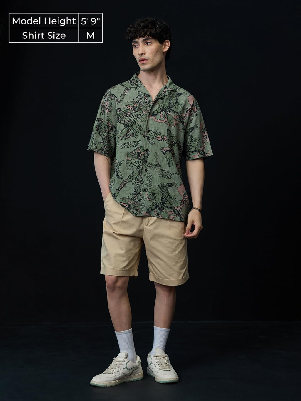 The Souled Store Avengers: Comics Men and Boys Short Sleeves Collared Neck Button Front Green All Over Printed Viscose Oversized