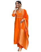 ANNI DESIGNER Womens Rayon Blend Straight Embroidered Kurta with Pant & Dupatta (MANUSHI Orange_S_Orange_Small)