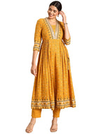 ANNI DESIGNER Womens Rayon Viscose Anarkali Printed Kurta with Pant (Dawara Yellow_L_Yellow_Large)