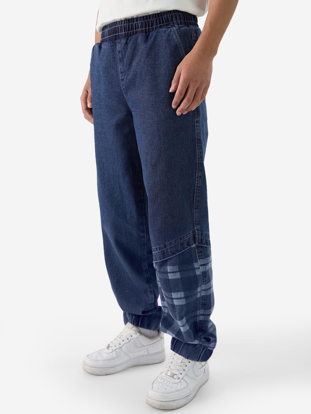 The Souled Store Urban Plaid Men and Boys Pull On Baggy Fit Cotton Denim Joggers Blue