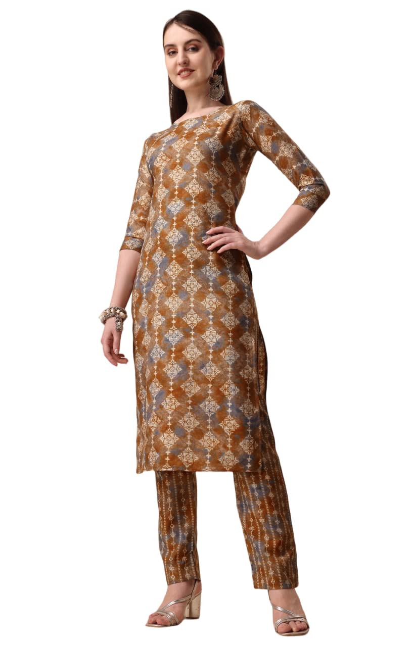 Fashion Basket Womens Cotton Printed Light Brown Kurta Set (Fb-Es-E6023-M)