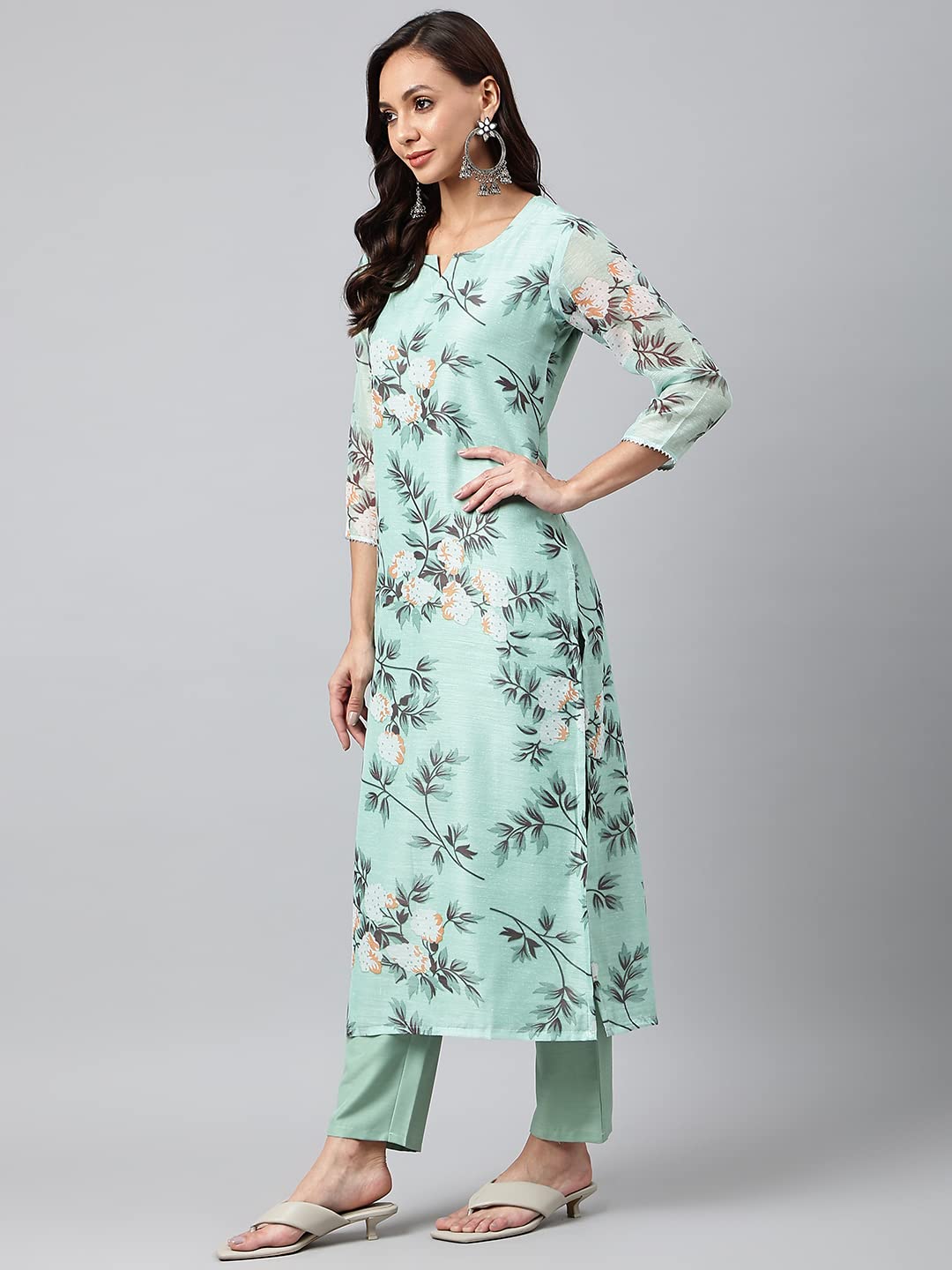 Gosriki Women'S Cotton Blend Printed Straight Kurta With Pant & Dupatta (Itta Nw3)