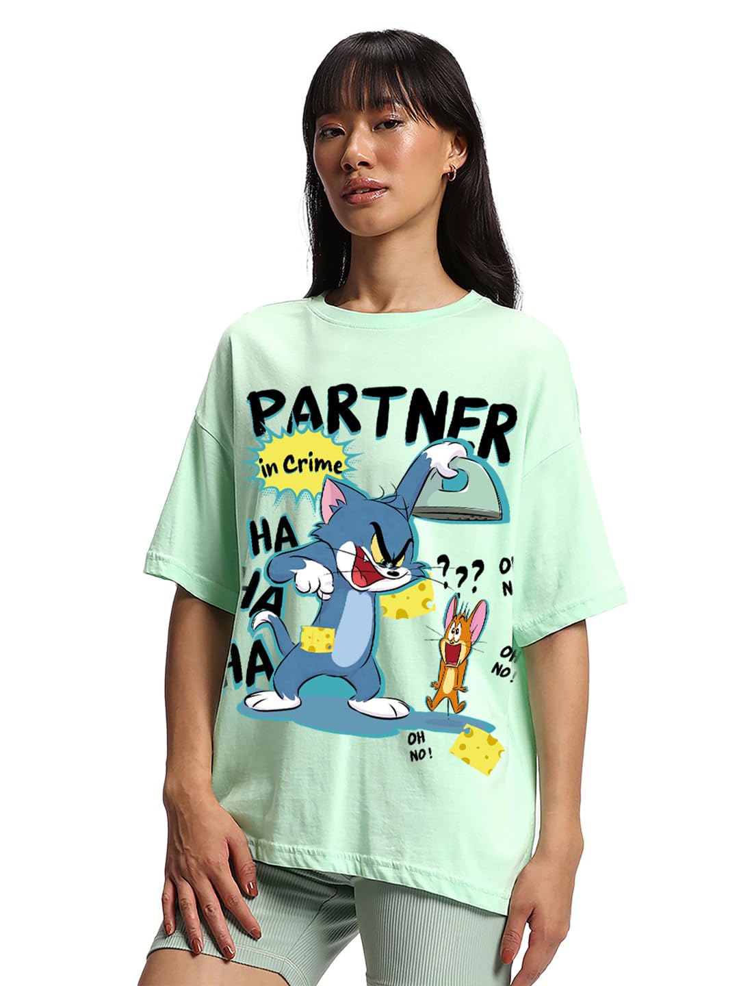 Bewakoof Official Tom & Jerry Merchandise Tom & Jerry WomenS Graphic Print Oversized Fit Half Sleeve Round Neck Cotton T-Shirt_6