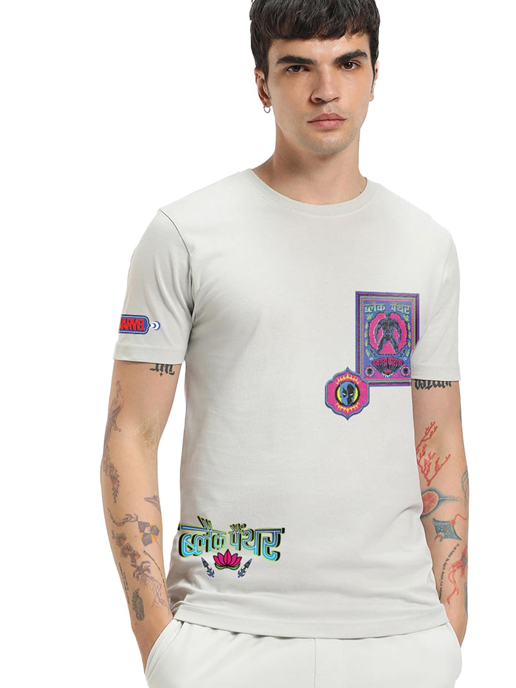 Bewakoof Official Marvel Merchandise Black Panther Mens Graphic Print Regular Fit Half Sleeve Round Neck Cotton T-Shirt_671245_