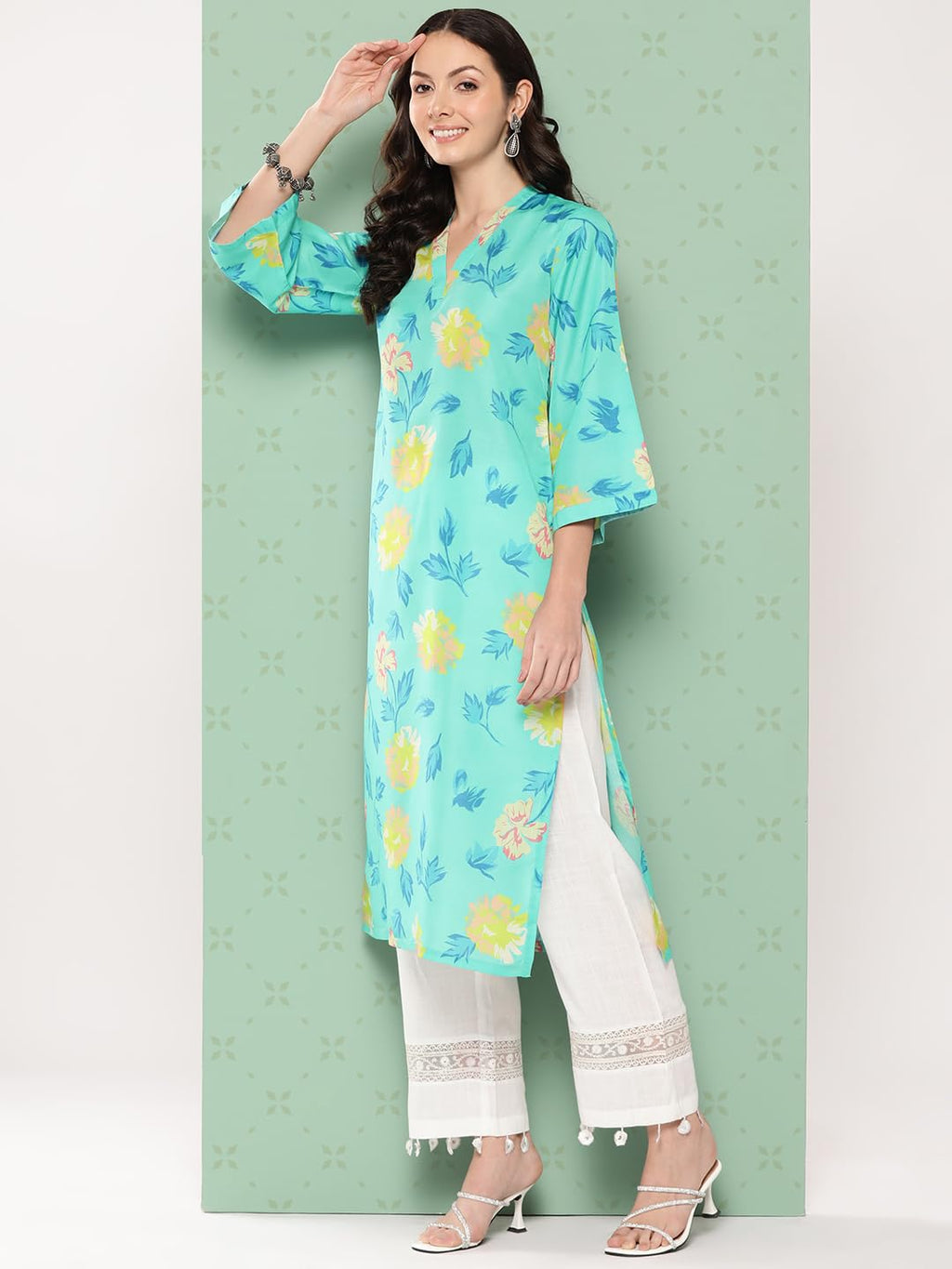 Varanga Women Turqouise Blue Floral Printed Straight Kurta Withthree Quarter Bell Sleeves