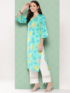Varanga Women Turqouise Blue Floral Printed Straight Kurta Withthree Quarter Bell Sleeves