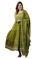 Stylum Womens Embroidered Cotton Tiered Kurta with Dupatta (GREENZINGLE34_Green, XS)
