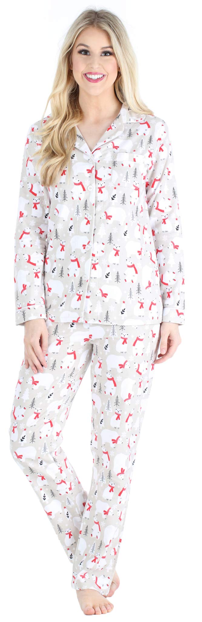 PajamaMania Womens cotton Flannel Long Sleeve Button-Down Pajamas PJ Set, Polar Bear, X-Large,