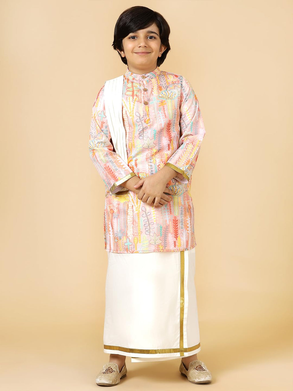 A.T.U.N. (ALL THINGS UBER NICE) Boys Peach Printed Kurta with Elasticated Mundu with Underneath Shorts Set