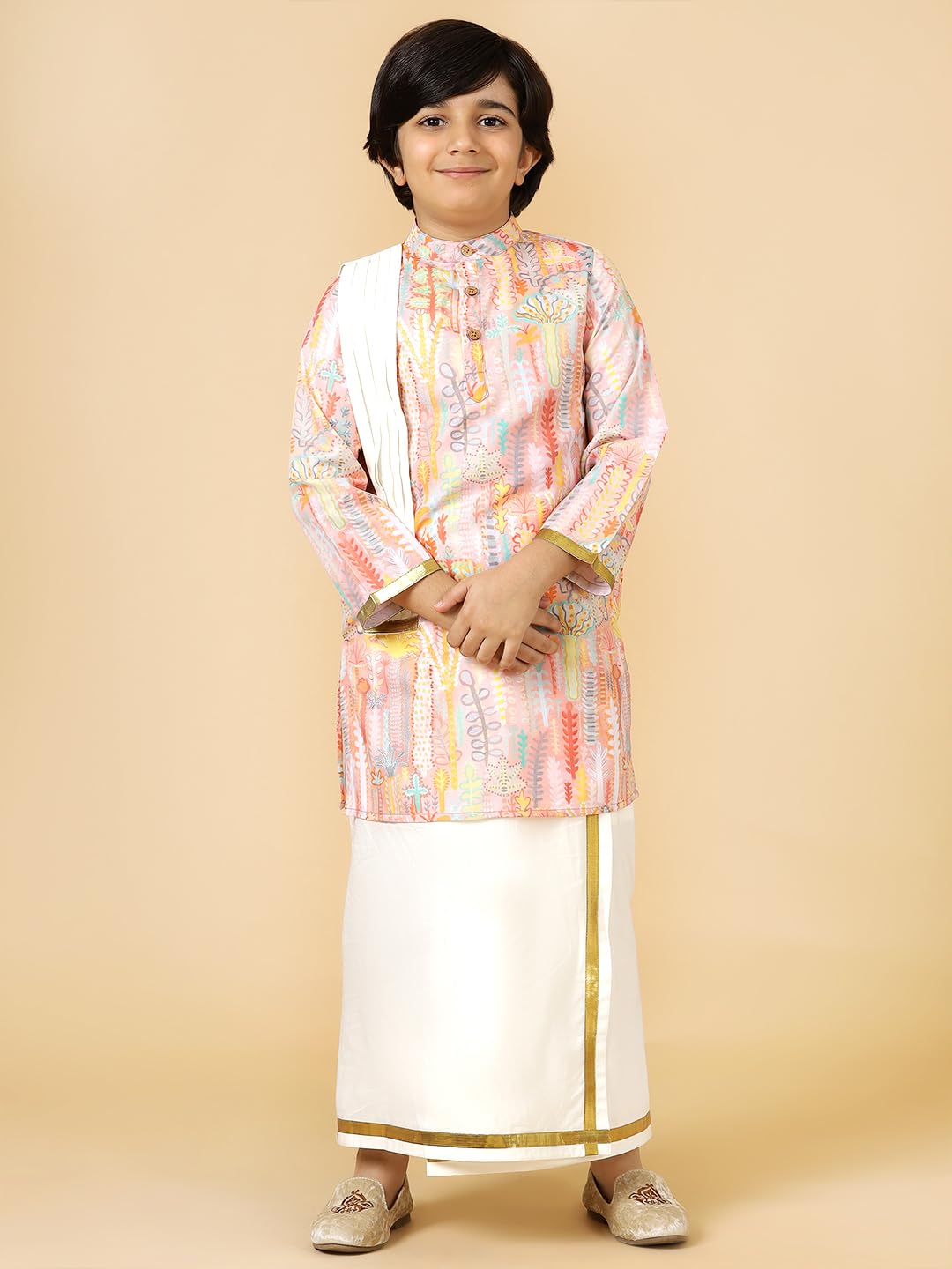 A.T.U.N. (ALL THINGS UBER NICE) Boys Peach Printed Kurta with Elasticated Mundu with Underneath Shorts Set