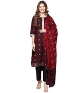 Anubhutee Women'S Cotton Maroon Gota Patti Ethnic Motifs Printed Straight Kurta Suit Set With Pants And Dupatta