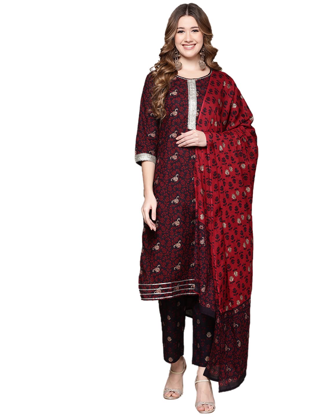 Anubhutee Women'S Cotton Maroon Gota Patti Ethnic Motifs Printed Straight Kurta Suit Set With Pants And Dupatta