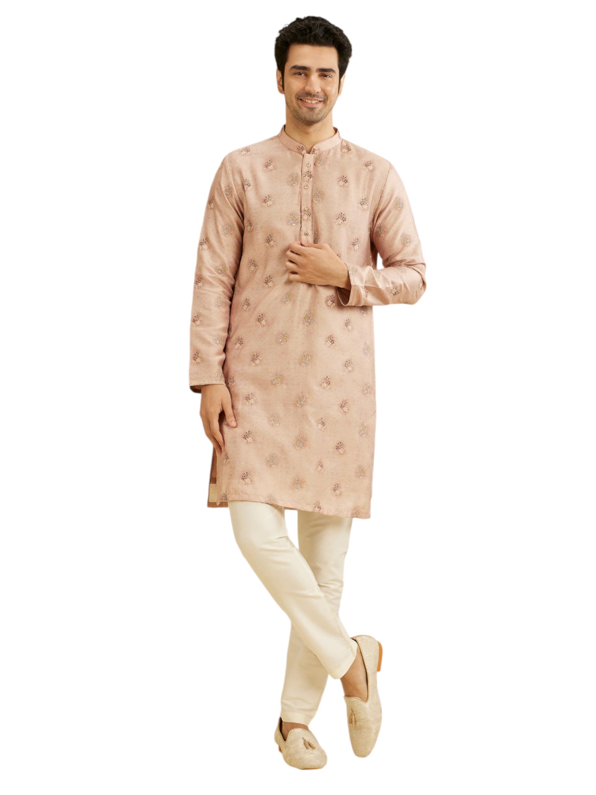 Manyavar MenS Viscose Blend Printed Jacket Set (Pink,Xl)