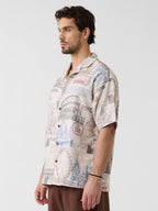 The Souled Store Hawaiian Shirt: Monuments Men and Boys Short Sleeves Collared Neck Button Front Grey All Over Printed Polyester